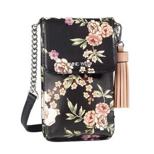 Nine West Springy Mini Phone Crossbody Black Floral with Tassel